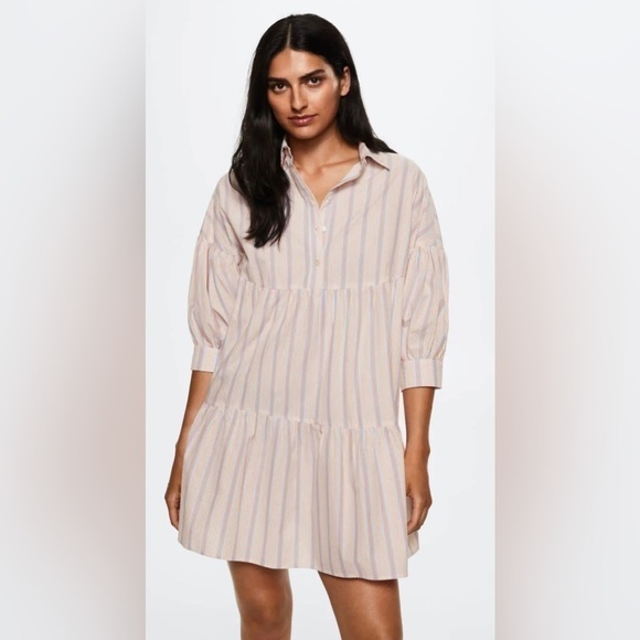 Mango Dresses & Skirts - NWT Mango “Gabriela” Striped 100% Cotton Puff Sleeve Dress Size 6